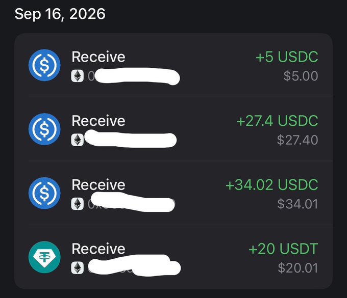 A dark-themed crypto transaction history dated Sep 16, 2026, showing four incoming 'Receive' transactions: +5 USDC ($5.00), +27.4 USDC ($27.40), +34.02 USDC ($34.01), and +20 USDT ($20.01), with sender details redacted.