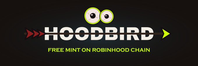 The image is a promotional banner for "HOODBIRD," featuring cartoon-style green eyes above the logo and an arrow piercing through the text, with the tagline "FREE MINT ON ROBINHOOD CHAIN" below. The graphic serves as branding for the giveaway mentioned in the post, encouraging followers of @Hoodbirds_ and @Captainqygi to participate for a chance to win a guaranteed spot.