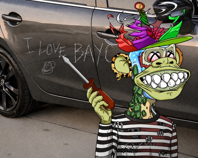 A digital illustration of a cartoon monkey wearing a striped shirt and top hat, holding a screwdriver, displayed in front of a car with 'I LOVE BAYC' written in the dust on its door.