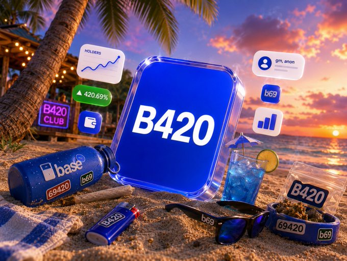 A promotional image for 'B420 CLUB' on b69 and Base, featuring a blue glowing app icon on a beach at sunset with a 420.69% holders increase displayed.