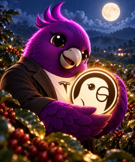 AI-generated image of a purple parrot character wearing a suit and holding a glowing 'Moon' (or similar) coin against a nighttime mountain backdrop.