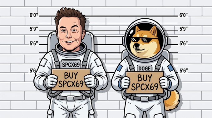 A cartoon mugshot illustration depicts a man and a dog wearing sunglasses in spacesuits against a brick wall with height markings; the man holds a sign reading "SPCX69 BUY SPCX69", and the dog holds a similar sign and has a "DOGE" badge.