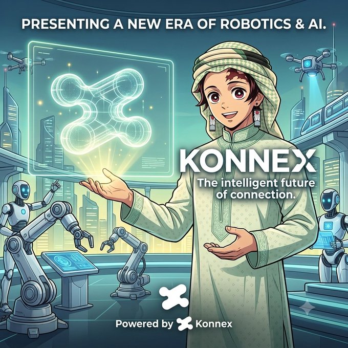 A futuristic promotional graphic for KONNEX featuring an anime character in traditional Arab attire presenting a holographic robotic arm, with the tagline 'The intelligent future of connection' and 'Powered by Konnex'.