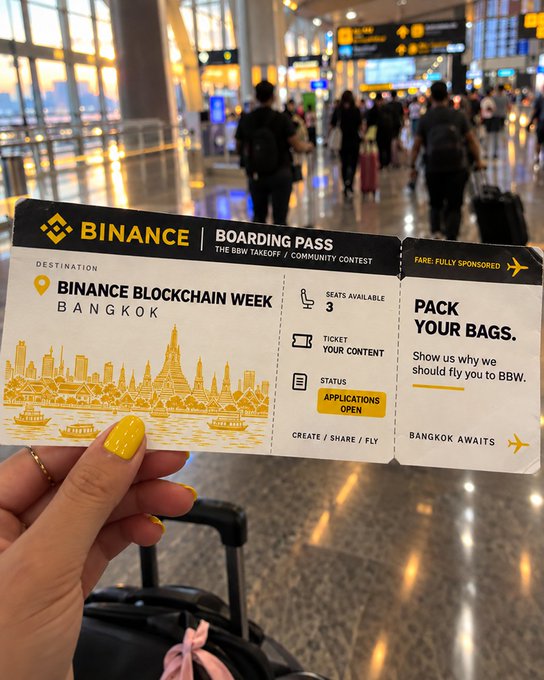 A hand with a 'Binance Blockchain Week Bangkok' contest boarding pass ticket at an airport, showing 'PACK YOUR BAGS' and 'APPLICATIONS OPEN'.