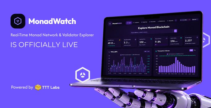 A promotional banner for 'MonadWatch,' a real-time Monad Network & Validator Explorer powered by TTT Labs, featuring a laptop displaying blockchain statistics like TPS and BPS metrics.