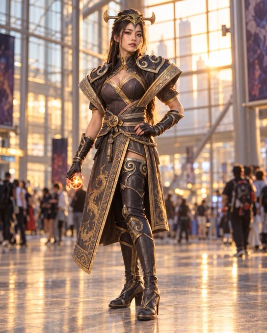 A cosplayer wears an elaborate black and gold fantasy warrior costume with horned headpiece and gauntlets, holding a glowing orb at what appears to be a convention.