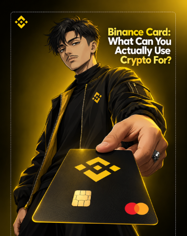 A stylized illustrated man holds out a glowing Binance-branded card, featuring the iconic yellow Binance logo and Mastercard logo, against a dark background with the text "Binance Card: What Can You Actually Use Crypto For?"—visually reinforcing the post's message about bridging the gap between holding crypto and spending it in everyday life.