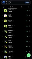 A mobile app screen showing a BaseApp token list with cryptocurrency tickers including SOLO, SALAMI, $TROLL$, BARBIE, SONEGG, EXIT2, JNJ, $YINEX, and Birb displaying their market caps.