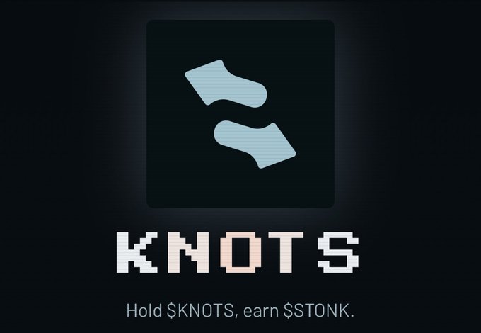 A promotional image for the $KNOTS token featuring a pixelated logo with the text "KNOTS" and the tagline "Hold $KNOTS, earn $STONK." The image visually supports the post by highlighting $KNOTS' unique structure, where its 3% transfer tax rewards qualifying $STONK holders—presented as a reverse twist on the $STONK narrative on Solana.