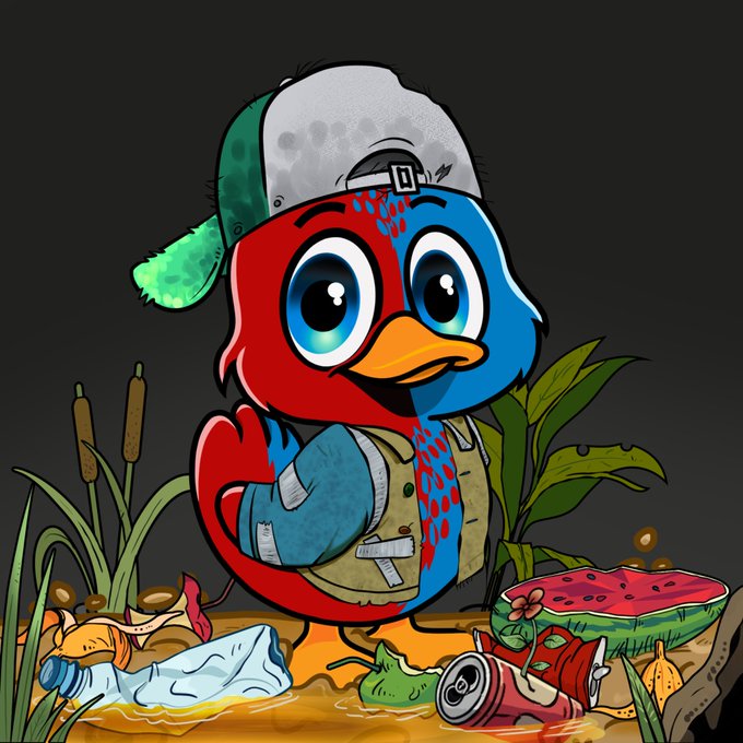 A cartoon illustration of a red and blue bird-like character wearing a cap and backpack, standing in a polluted environment surrounded by trash like bottles and watermelon.
