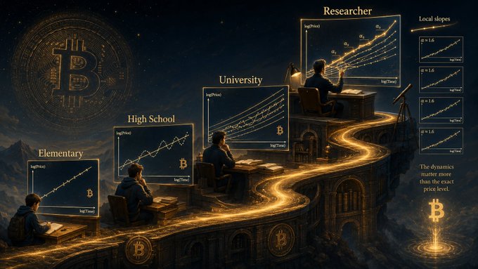 The image illustrates the progressive deepening of understanding through a Bitcoin power law model, showing four stages from "Elementary" (a basic linear log(Price) vs. log(Time) plot), "High School" (a more detailed plot with a Bitcoin symbol), "University" (showing multiple curves diverging), to "Researcher" (featuring complex curves labeled with α values and a "Local slopes" panel showing log-scale plots of α=1.6 measurements). A figure ascends a glowing golden path past each station, symbolizing how comprehension of Bitcoin's power law dynamics evolves from simple observation to nuanced, expert-level analysis across education levels.