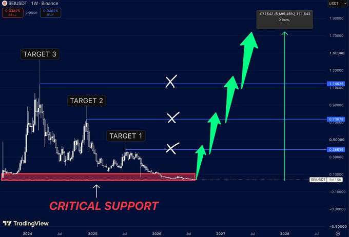 The image is a SEI/USDT weekly Binance chart showing price consolidation at a "CRITICAL SUPPORT" zone (~$0.04), with green arrows projecting a rally toward three ascending targets: Target 1 (~$0.38), Target 2 (~$0.73), and Target 3 (~$1.14), aligning with the post's roadmap and its projected ~5,900% upside.