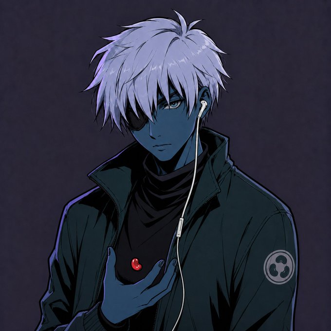 An anime-style illustration of a white-haired male character with an eyepatch, wearing a dark jacket and earphones, holding a small red object in his hand.