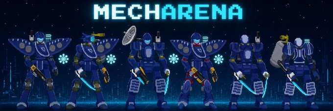 Banner image for 'MECHARENA' showing seven pixel-art robot characters with various weapons against a blue digital background.