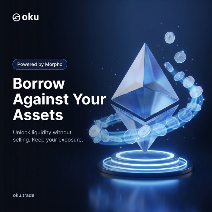 A promotional graphic for 'oku' featuring the Ethereum logo with text 'Powered by Morpho', 'Borrow Against Your Assets', 'Unlock liquidity without selling. Keep your exposure.', and 'oku.trade'.