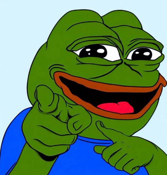 A digital illustration of the classic 'Smug Pepe' meme character, a green frog pointing a finger and smiling, set against a solid light blue background.