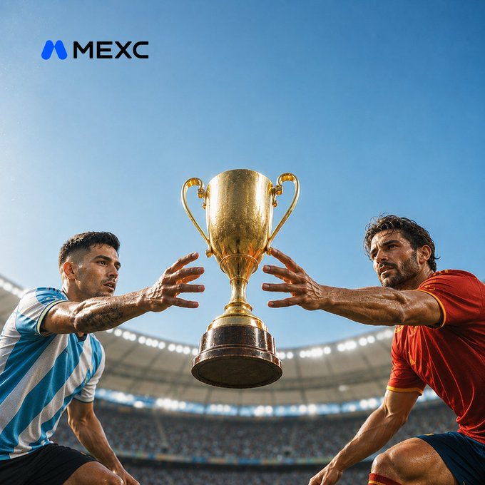 MEXC cryptocurrency exchange promotional image featuring two athletes—one in a light blue and white striped jersey (resembling Argentina) and one in a red jersey (resembling Spain)—reaching for a large golden trophy in a stadium setting.