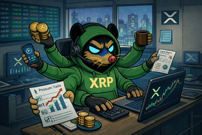 A cartoon illustration of a cat wearing an 'XRP' hoodie and headset, holding gold coins and a smartphone displaying the XRP logo, while trading at a desk with multiple screens showing the X logo and charts.