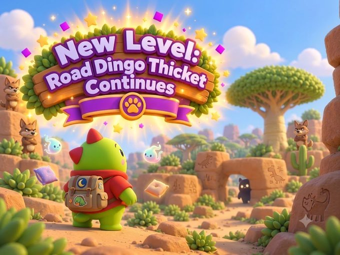 A colorful video game scene featuring a green dinosaur character with a backpack in a desert landscape, with a banner reading 'New Level: Road Dingo Thicket Continues' surrounded by stars.