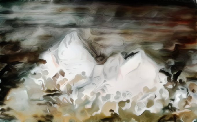 An abstract, blurred image featuring wavy, distorted shapes in white, brown, and greenish tones, creating a dreamy, fluid-like effect.