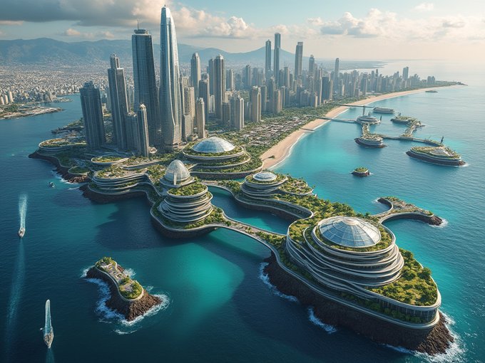 A futuristic aerial view of a coastal city with tall skyscrapers, domed eco-friendly structures on rocky islands, and turquoise water.