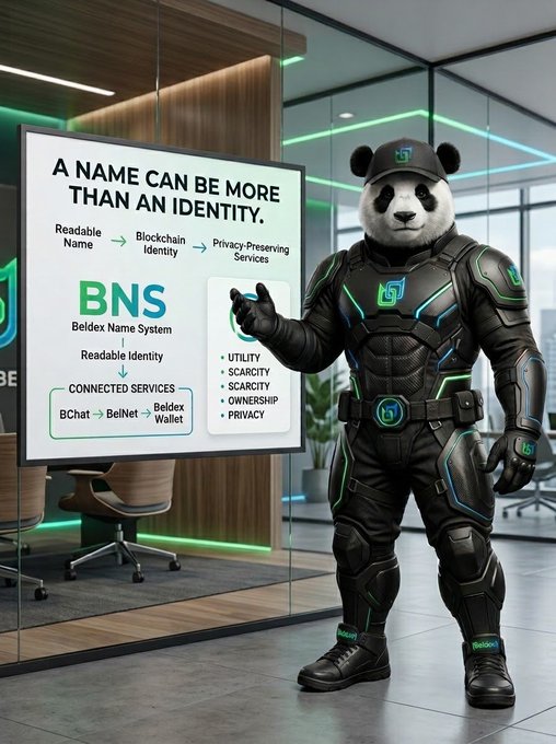 An anthropomorphic panda character in futuristic armor standing next to a presentation screen titled 'A NAME CAN BE MORE THAN AN IDENTITY', explaining the 'BNS Beldex Name System' with features like UTILITY, SCARCITY, SECURITY, OWNERSHIP, and PRIVACY.