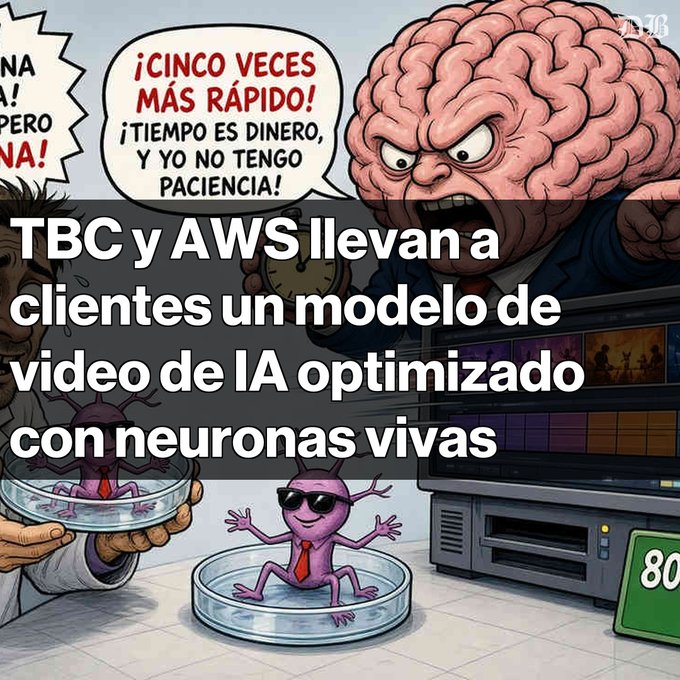 A cartoon image with Spanish text 'TBC y AWS llevan a clientes un modelo de video de IA optimizado con neuronas vivas' showing an angry brain character and neurons in petri dishes.
