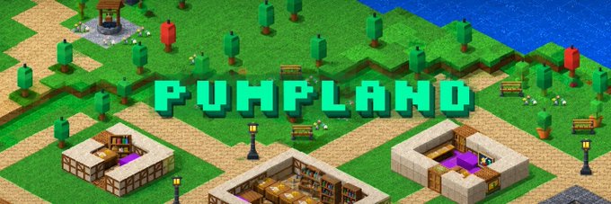 A promotional banner for "PUMPLAND" featuring pixelated, voxel-style graphics of a blocky green world with trees, benches, and houses, with the large teal "PUMPLAND" logo in the center. The image visually represents the newly announced $LAND token game project built on Solana, showcasing the colorful, sandbox-style environment that took over two months to develop.