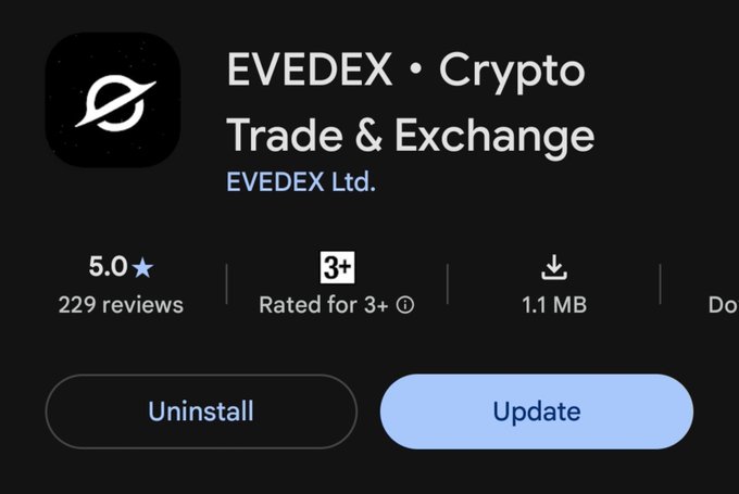 Google Play Store listing for 'EVEDEX • Crypto Trade & Exchange' by EVEDEX Ltd., showing 5.0 star rating with 229 reviews and an Update button.