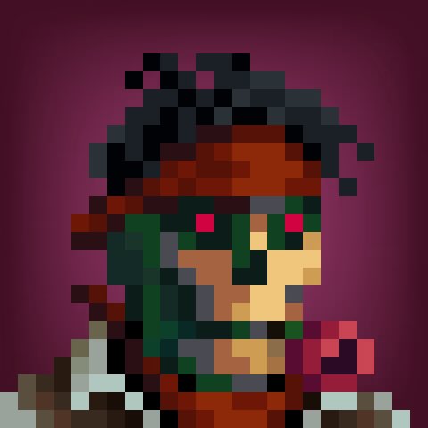 A low-resolution pixel art portrait of a character with green and brown coloring against a dark pink/magenta background.