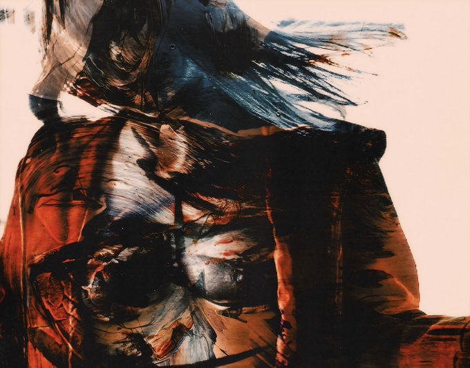 A moody, abstract painting featuring sweeping brushstrokes in deep browns, blacks, and hints of blue dominates the composition, evoking the rugged, textured landscape often associated with Ethereum's branding—fitting for an #ETHERSATURDAY prompt inviting artists to share their ETH-based artwork.