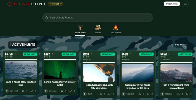 The image shows the STAGHUNT website interface on TESTNET·10, featuring the "Active Hunts" section with five ongoing crypto campaigns on the KASPA network, including "Land a Kaspa story in a tech blog" by Carl Frost (1.9k), "Land a Kaspa story in a major outlet" by Cleo_jass (807), "Host a Kaspa meetup with 50+ attendees" by Bo27 (948), "Wrap a car in full Kaspa branding for 30 days" by block3d (559), and "Set a world record while repping Kaspa" by OfficialKas (592). The interface aligns with the launch announcement by showcasing live coordination markets where users can fund bounties to drive Kaspa-related promotional efforts.
