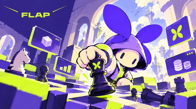 Promotional artwork for 'FLAP' features a cartoon character in a blue bunny-eared hood moving a large chess piece on a giant chessboard set in a surreal, architectural landscape.