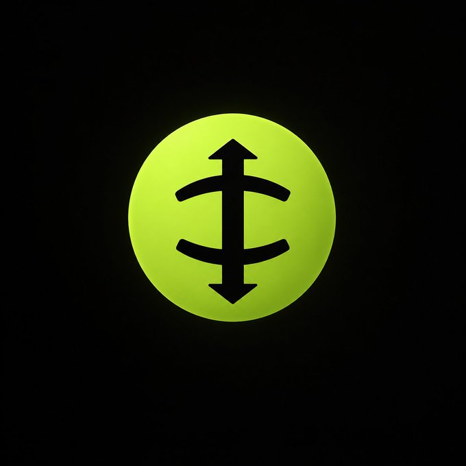 A glowing green circular icon featuring a black symbol resembling a cross with an arrow at the top and bottom, set against a black background.