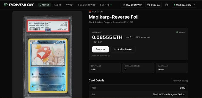 A screenshot from the PONPACK marketplace shows a 'Magikarp-Reverse Foil' Pokémon card from 2012 listed at 0.08555 ETH, displayed in a PSA grading slab.