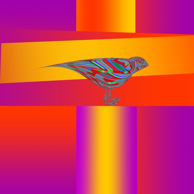 A psychedelic digital artwork featuring a vibrantly colored bird with flowing, ribbon-like feathers standing on a geometric background of purple, orange, and yellow gradient squares.