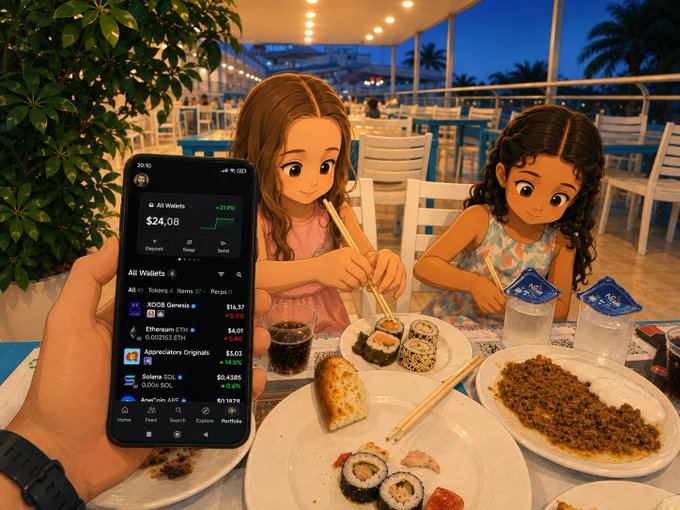 A parent checks their OpenSea Mobile wallet app—showing a balance of $24.08 with a +21.9% gain—displaying assets like XDG Genesis, Ethereum (ETH), and Solana (SOL), while enjoying a sushi dinner with two animated-style children at a seaside restaurant in Antalya. The image captures the convenience of managing crypto holdings on the go, allowing the user to monitor their portfolio during family time rather than being tied to a desktop computer.