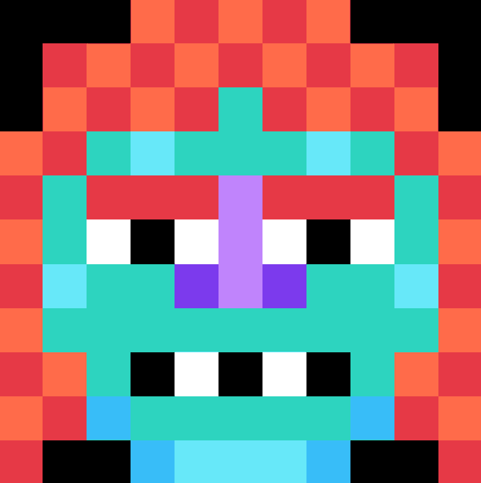 A pixel art character with a teal face, purple nose, and red checkered border against a black background.