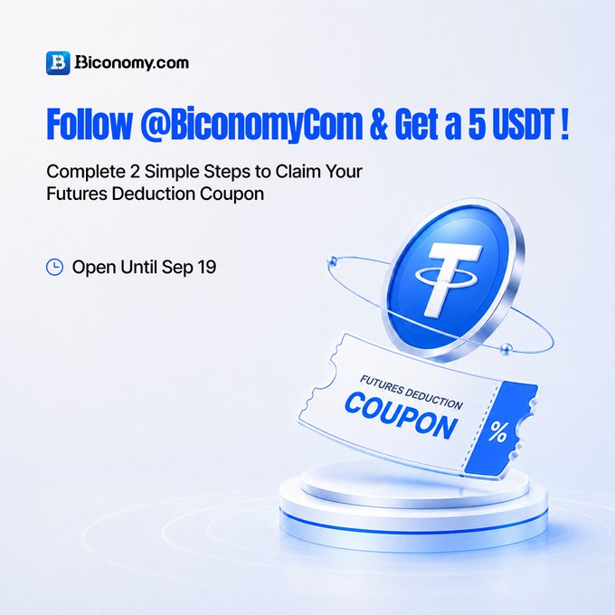 An advertisement from Biconomy.com offering a 5 USDT coupon for following @BiconomyCom, featuring a 3D illustration of a USDC token and a futures deduction coupon valid until September 19.