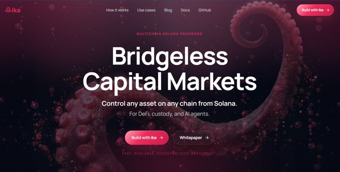 Website hero for Ika titled "Bridgeless Capital Markets" describing multichain Solana programs that let users control any asset on any chain from Solana for DeFi, custody, and AI agents, with a Build with Ika button and Whitepaper link.