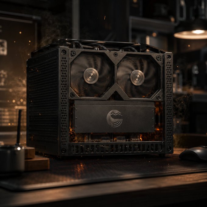 A black mini-PC case with dual cooling fans sitting on a dark desk in a dimly lit room.