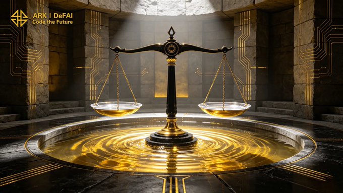 The image features a large golden scale with two bowls placed on either side of it. The scale appears to be made of metal or stone, giving it an antique appearance. The bowls are empty, suggesting that they have been used for weighing something. The background is dark and has some lines drawn in the shape of a circle, which could possibly represent a map or a diagram related to the concept of balance within the ARK ecosystem.