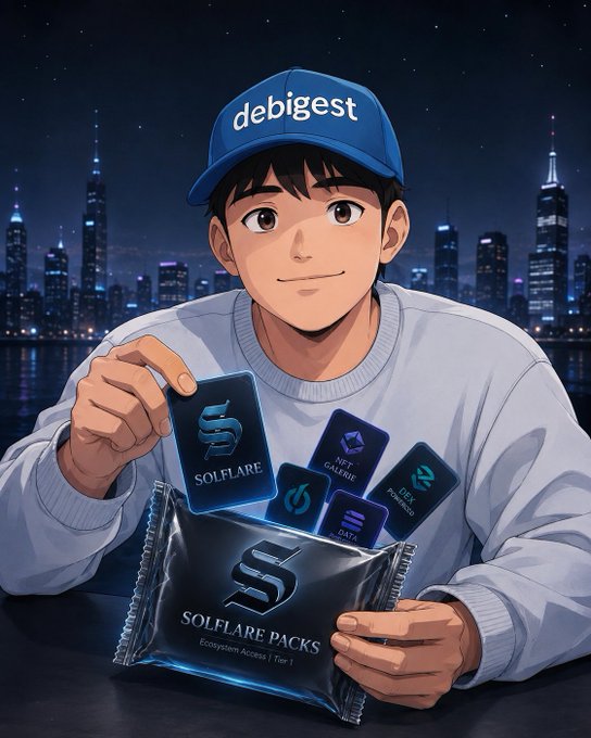 An anime-style character wearing a "debigest" cap holds open a "SOLFLARE PACKS" (Ecosystem Access | Tier 1) pack, revealing cards featuring Solana ecosystem projects like SOLFLARE, Jupiter (JUP), Pyth Network, and others, visually capturing the excitement of opening a crypto "pack" rather than a standard wallet interface.