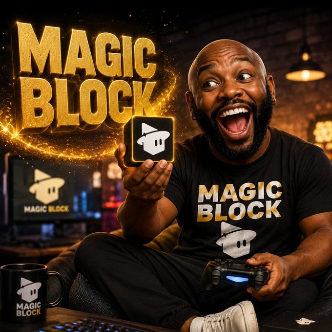 A promotional image for "MAGIC BLOCK" featuring an excited man holding a smartphone displaying the logo, wearing branded merchandise, and sitting with a game controller.