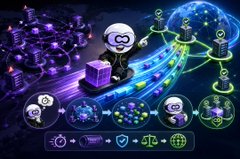 A colorful digital illustration featuring a character with a smiling face on a purple cube, surrounded by interconnected nodes and various icons along a curved pathway.