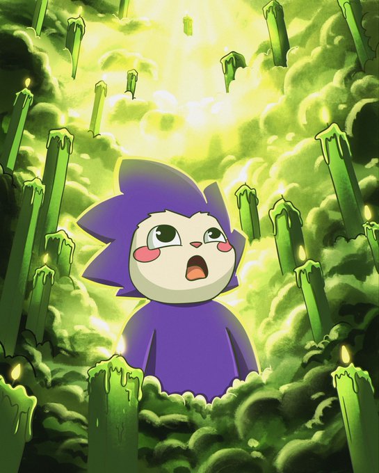 An animated purple cartoon character with a shocked expression stands amid a sea of melting green candles, symbolizing a bullish market rally. The image perfectly visualizes the "up only" sentiment, with the green candles representing rising prices dominating the scene around the surprised character.