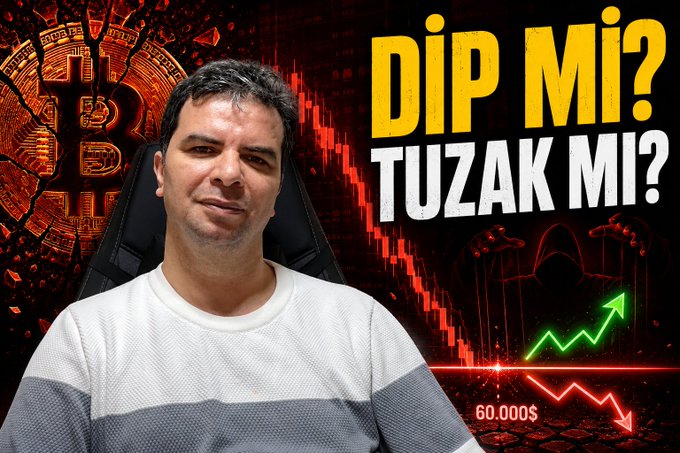 The image features a man sitting in front of a computer screen, with a Bitcoin symbol displayed above him. The Bitcoin symbol is accompanied by text that reads "Dip Mi?" and "Tuzak Mi?". This suggests that there might be some sort of Bitcoin-related question or challenge being posed to the viewer.