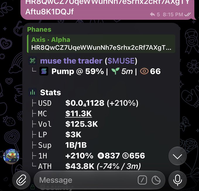 Telegram message from 'Phanes' displaying token stats for '$MUSE' showing Pump @ 59%, USD $0.041128 (+210%), Market Cap $11.3K, and Volume $125.3K.