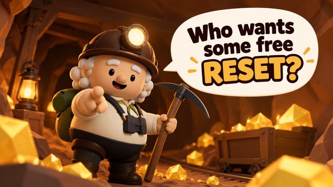 A cheerful cartoon miner in a gold mine points at the viewer while a speech bubble announces "Who wants some free RESET?"—visually promoting the giveaway of 0.1 RESET coin tokens to 20 winners who retweet, follow @fitzyOG, and comment their "trac" address.