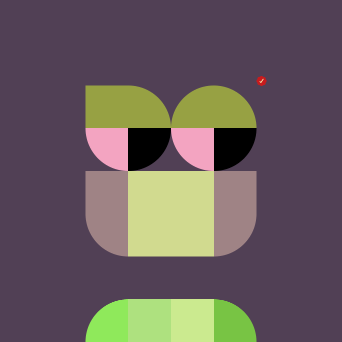 A minimalist geometric character illustration using olive, black, pink, and bright green shapes on a dark purple background.